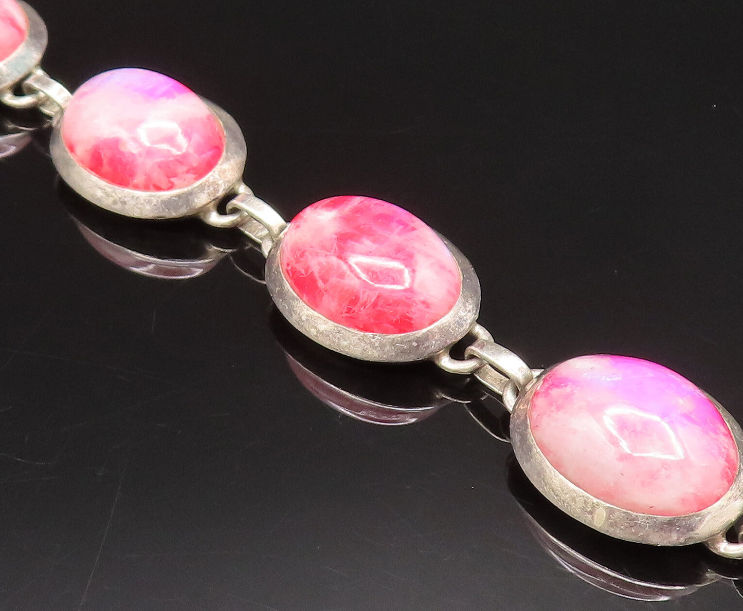 925 Silver  Vintage Unique Cabochon Pink Moonstone Chain Bracelet  BT9763