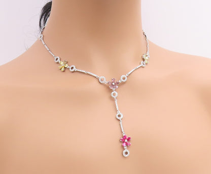 925 Sterling Silver Vintage Necklace Multi Gemstone Elegant Floral Lariat NE4915