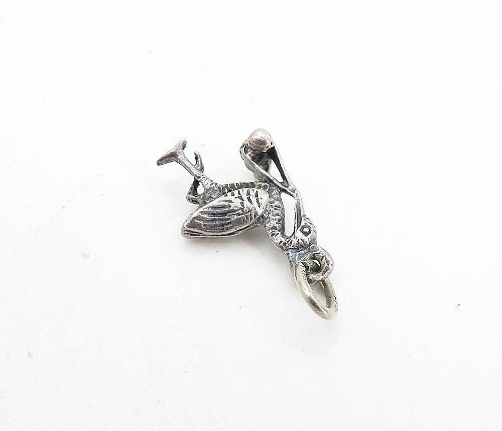 925 Sterling Silver  Vintage Petite Oxidized Stork & Baby Drop Pendant  PT6244