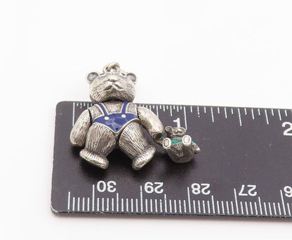 925 Sterling Silver Vintage Pendant Enamel Teddy Bear With Teddy MOVES  PT25954