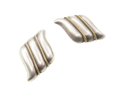 925 Silver & 14K GOLD  Vintage 2 Tone Rope Twist Fluted Drop Earrings  EG7215