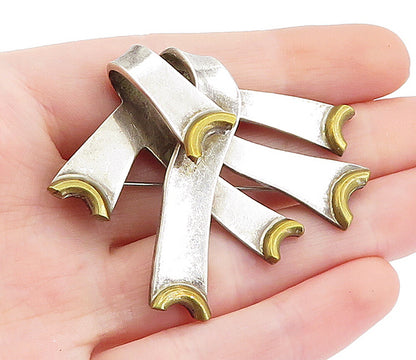 MEXICO 925 Sterling Silver  Vintage Two Tone Ribbons Motif Brooch Pin  BP2026
