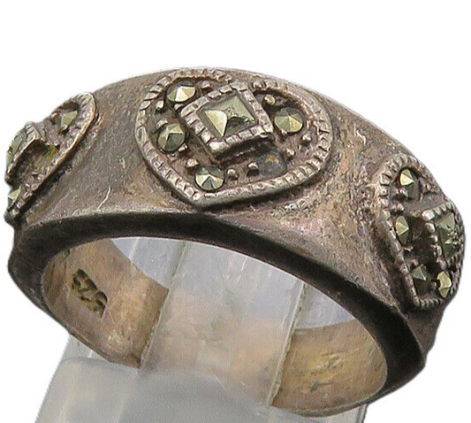 925 Sterling Silver  Vintage Marcasite Love Hearts Band Ring Sz 6  RG21667