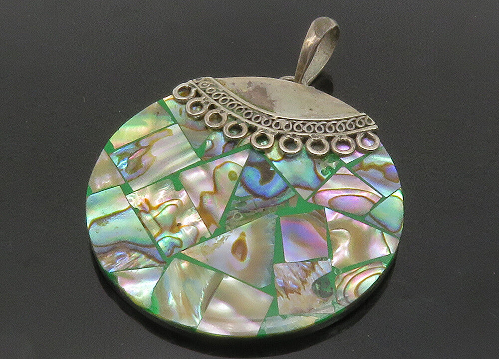 925 Sterling Silver  Vintage Abalone Shell Mosaic Round Drop Pendant  PT10246