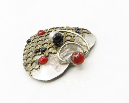 925 Sterling Silver  Vintage Black Onyx & Carnelian Heart Brooch Pin  BP4078