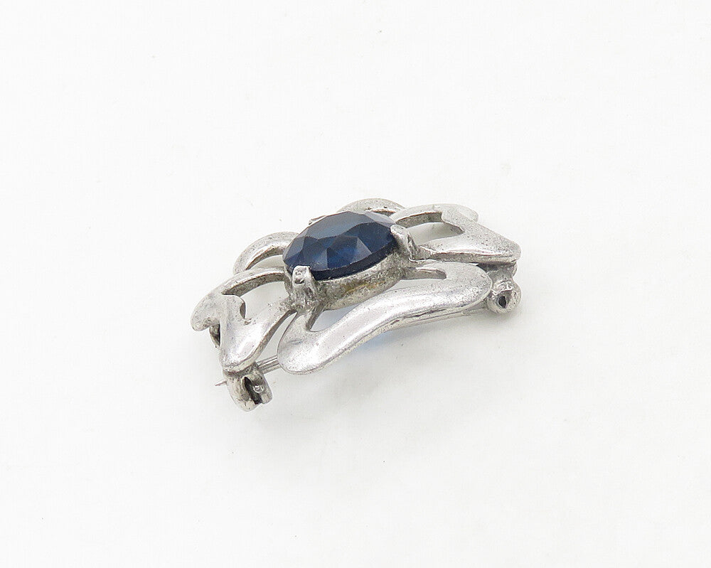 925 Sterling Silver  Vintage Blue Topaz Shiny Open Flower Brooch Pin  BP7555