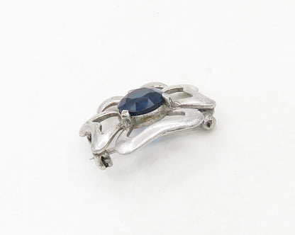 925 Sterling Silver  Vintage Blue Topaz Shiny Open Flower Brooch Pin  BP7555