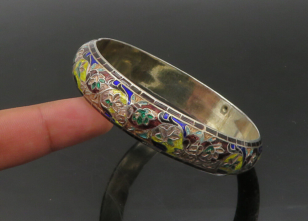 925 Sterling Silver  Vintage Enamel Floral Vine Art Bangle Bracelet  BT8962