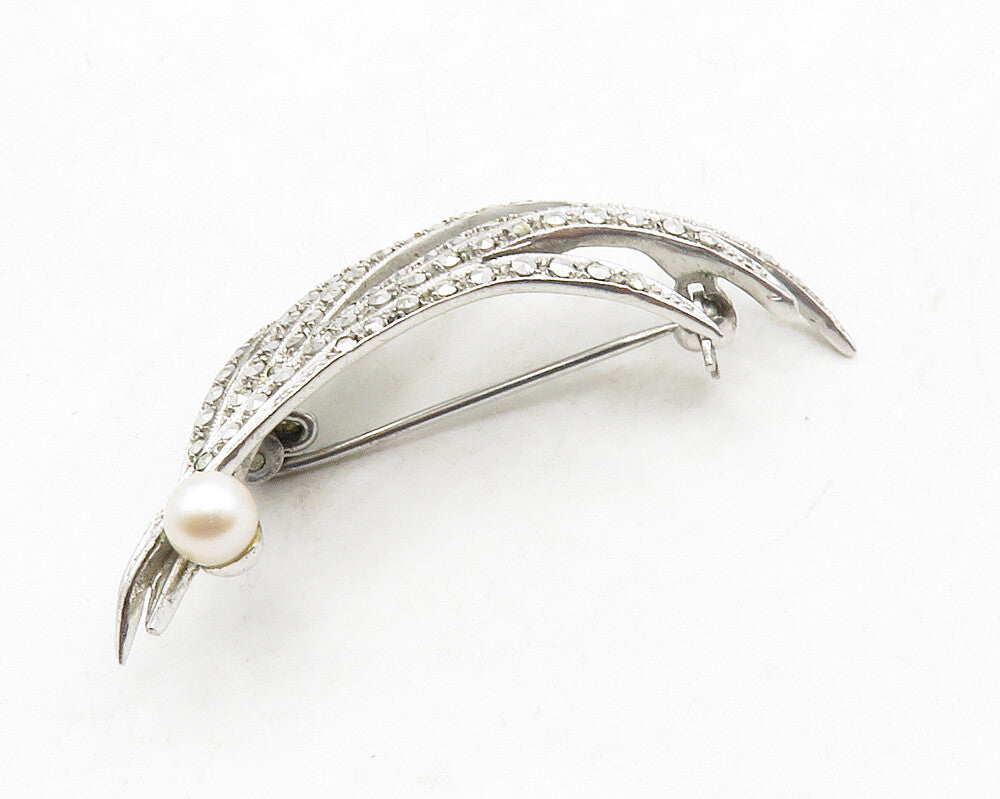 GERMANY 925 Silver  Vintage Petite & Pearl Modernist Floral Brooch Pin  BP4916