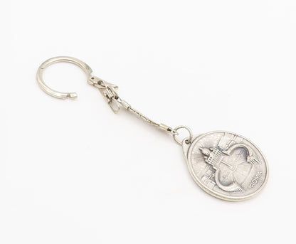 925  Silver  Vintage Religious Carved Joannes Paulus 2 Round Keychain  TR3590
