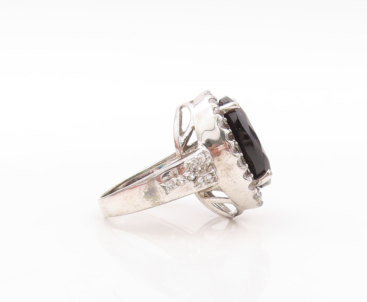 925 Sterling Silver Vintage Ring Oval Cut Spinel Halo CZ Inlay  Sz 7  RG30696