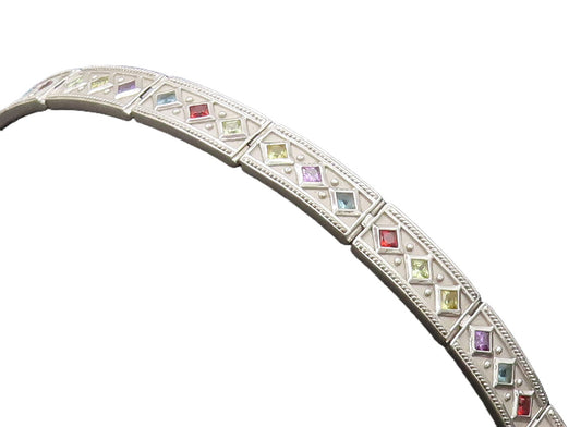 925 Sterling Silver  Vintage Multi Color Inlay Carved Plate Bracelet  BT10073