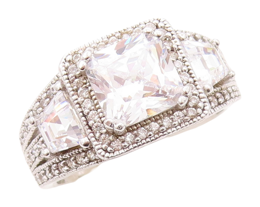 925 Sterling Silver Vintage Ring Designer Square Cut CZ Inlay  Sz 7  RG30936