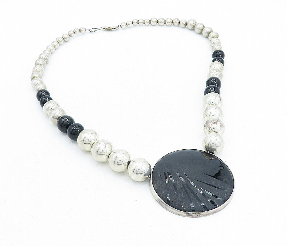 925 Sterling Silver  Vintage Black Onyx Shiny Ball Bead Chain Necklace  NE1080