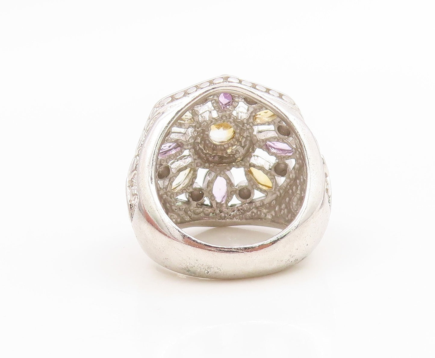 925 Sterling Silver Vintage Ring Amethyst & Citrine Floral Band  Sz 6  RG36157