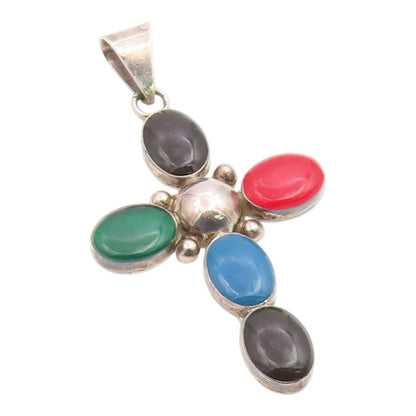 925 Sterling Silver Vintage Pendant MEXICO Cabochon Multi Gemstone Cross PT26045