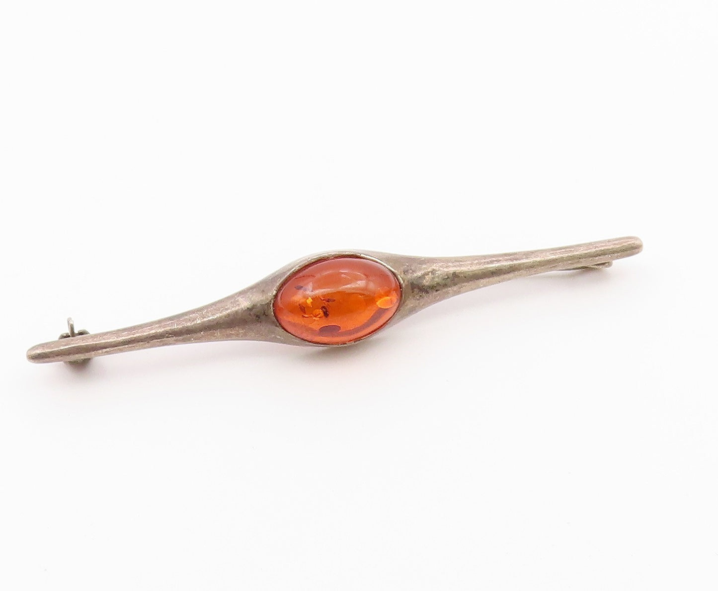 925 Sterling Silver  Vintage Pointed Ends Cabochon Amber Brooch Pin  BP9589