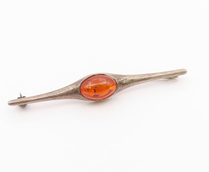 925 Sterling Silver  Vintage Pointed Ends Cabochon Amber Brooch Pin  BP9589