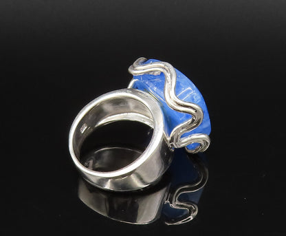 925 Silver  Vintage Unique Water Blue Agate Wavy Frame Ring Sz 7  RG26093