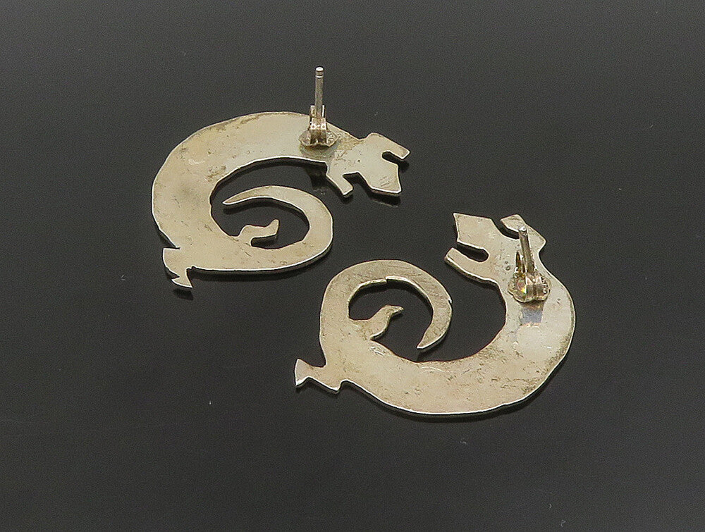 925 Sterling Silver Vintage Etched Coiled Lizard Drop Earrings EG11674