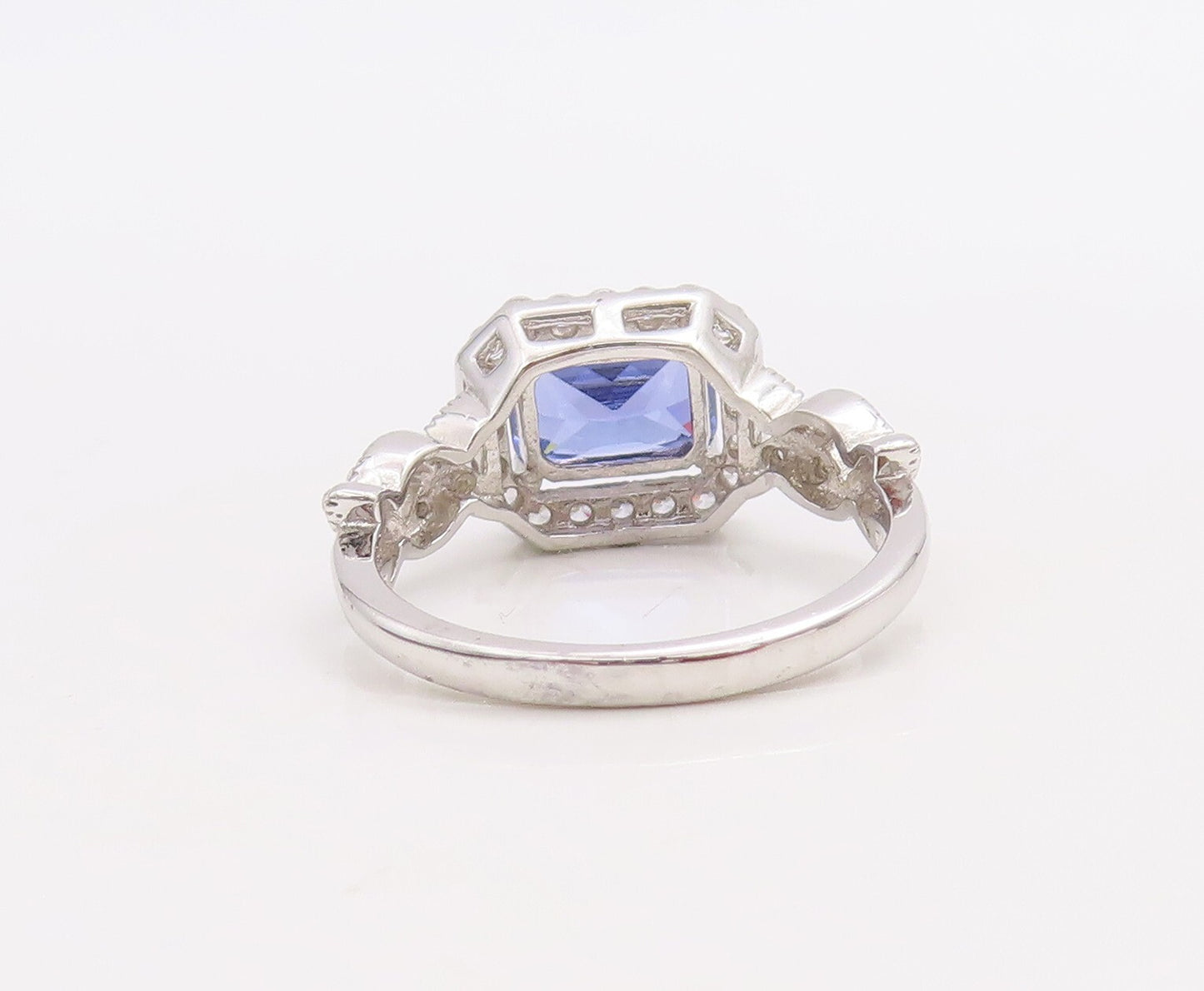 925 Sterling Silver Vintage Ring Designer Rectangle Sapphire & CZ Sz 7  RG30985