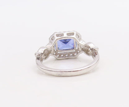 925 Sterling Silver Vintage Ring Designer Rectangle Sapphire & CZ Sz 7  RG30985