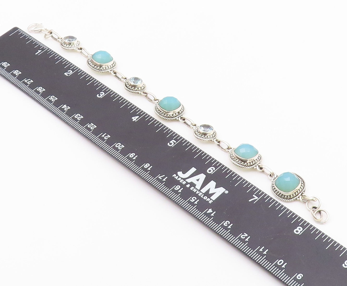 925 Sterling Silver  Aqua Chalcedony & Topaz Shiny Twist Chain Bracelet BT3635