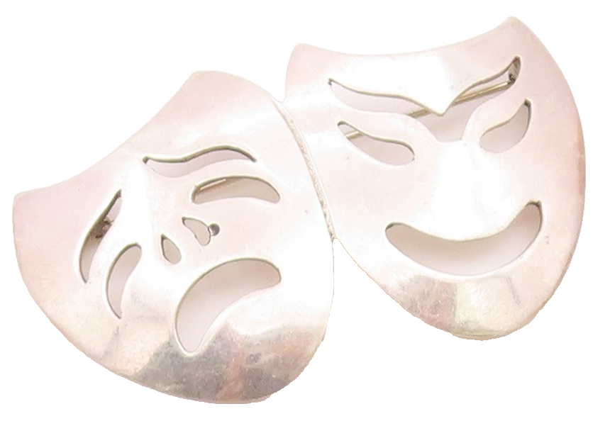 MEXICO 925 Sterling Silver  Vintage Dramatic Theater Masks Brooch Pin  BP6909