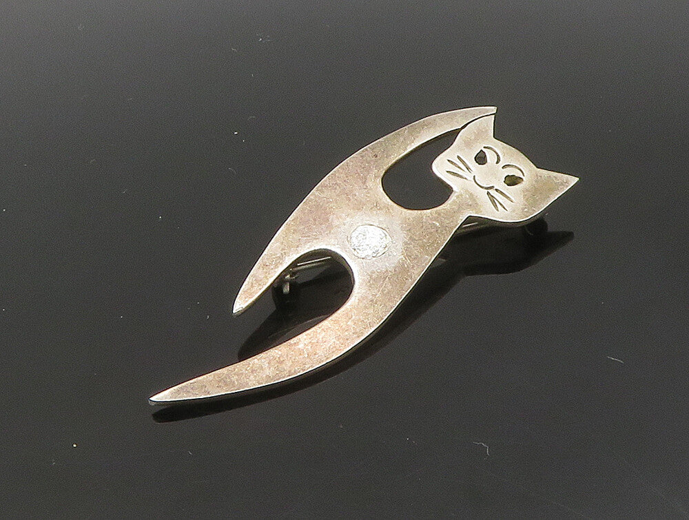 MEXICO 925 Sterling Silver  Vintage Modernist Cat Motif Brooch Pin  BP9310