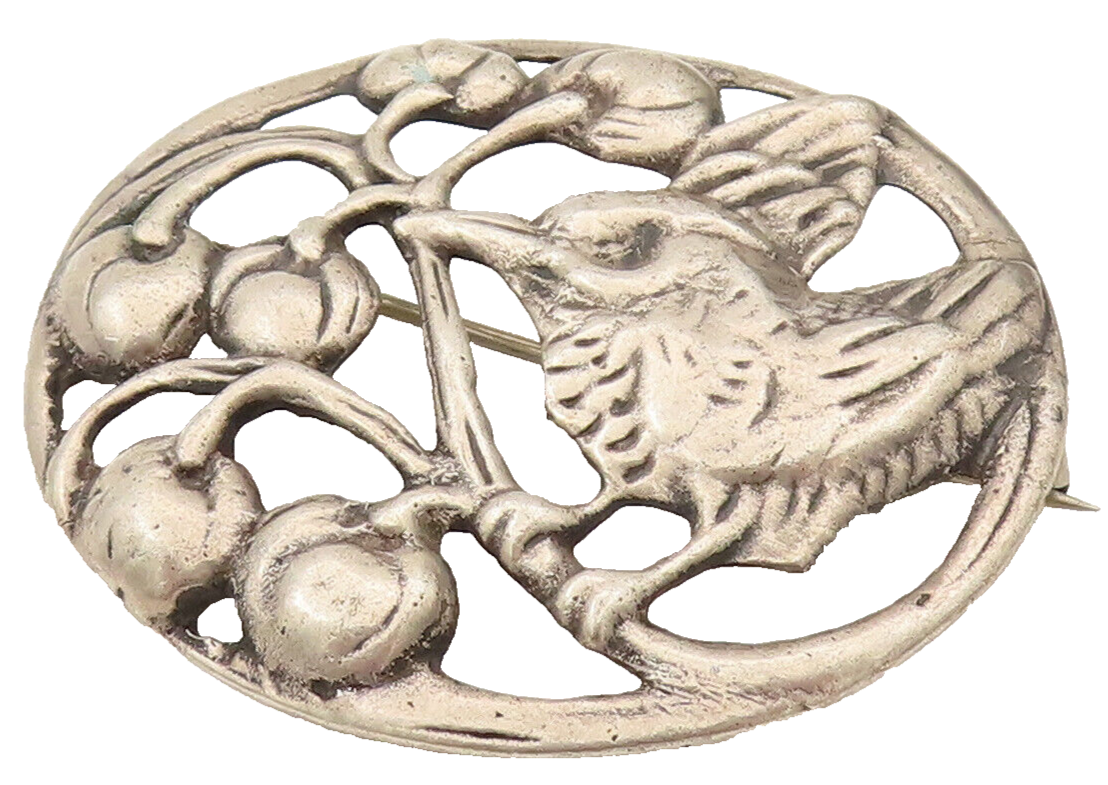 925 Silver  Vintage Antique Garden Bird & Cherries Cutout Brooch Pin  BP10204