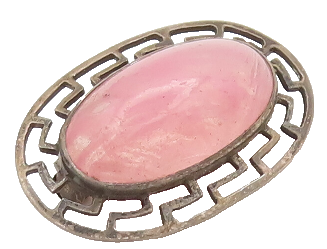 925 Sterling Silver Vintage Brooch Pin Oval Pink Quartz Halo Caved Maze  BP10626