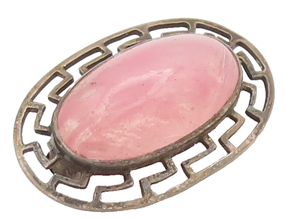 925 Sterling Silver Vintage Brooch Pin Oval Pink Quartz Halo Caved Maze  BP10626