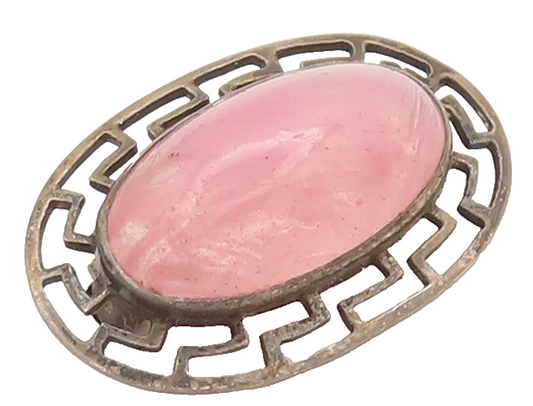 925 Sterling Silver Vintage Brooch Pin Oval Pink Quartz Halo Caved Maze  BP10626