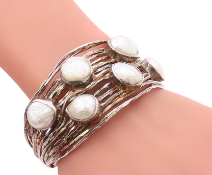 925 Sterling Silver Vintage Bracelet Oval Pearl Brutalist Carved Cuff  BT11043