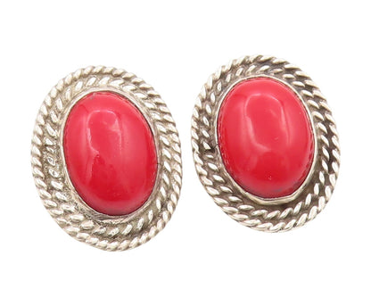 925 Sterling Silver Vintage Earrings MEXICO Oval Gemstone Roped Border EG13370