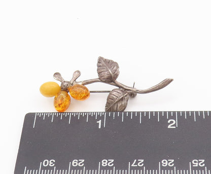 925 Sterling Silver Vintage Brooch Pin POLAND Amber Leaves Carved Flower BP10681