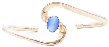 MEXICO 925 Sterling Silver  Vintage Blue Cat's Eye Topaz Cuff Bracelet  BT2751