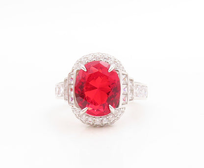 925 Sterling Silver Vintage Ring Oval Cut Red Halo White Topaz  Sz 7  RG30730