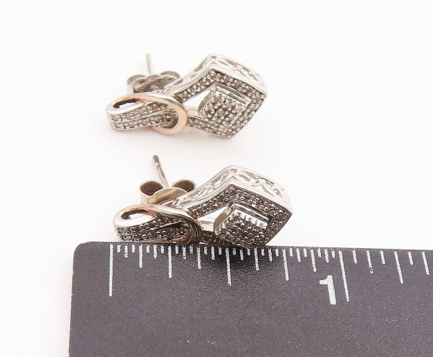 925 Sterling Silver Vintage Earrings Solid Design Cutout Diamonds Inlay  EG13059