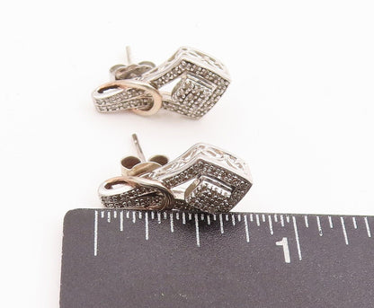 925 Sterling Silver Vintage Earrings Solid Design Cutout Diamonds Inlay  EG13059
