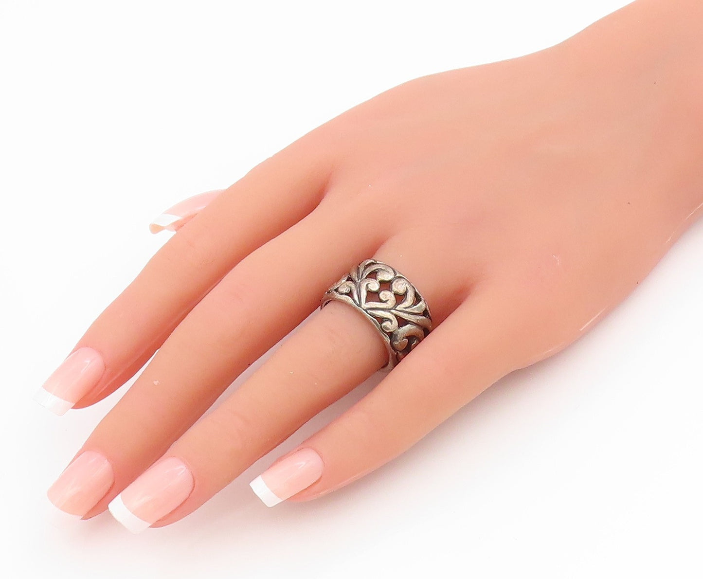 925 Sterling Silver Vintage Ring Swirly Scrollwork Love Heart Band Sz 8 RG34565