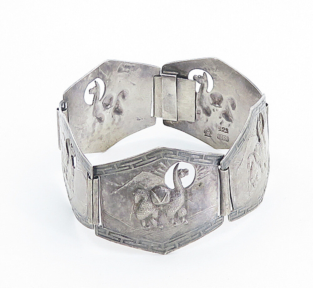 PERU 925 Sterling Silver  Vintage Alpaca Panel Hinge Chain Bracelet  BT3418