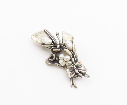 DESIGNER 925 Silver  Vintage Baroque Pearls Floral Butterfly Brooch Pin BP9257