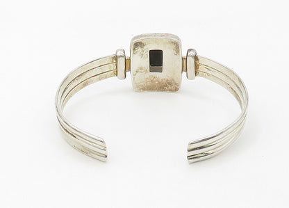 RAGE 925 Sterling Silver  Vintage Hematite Shiny Ribbed Cuff Bracelet  BT8584