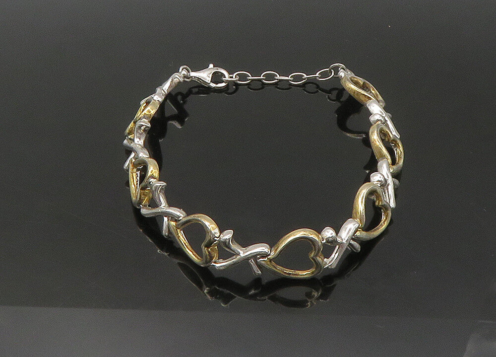 925 Sterling Silver  Vintage Two Tone Open Love Heart Chain Bracelet  BT8760