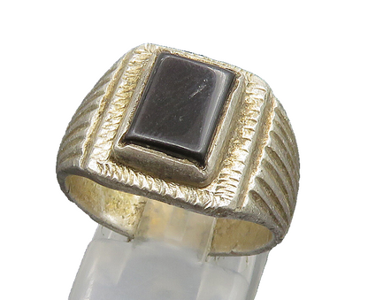 925 Silver  Vintage Rectangular Black Onyx Scalloped Band Ring Sz 8  RG24650