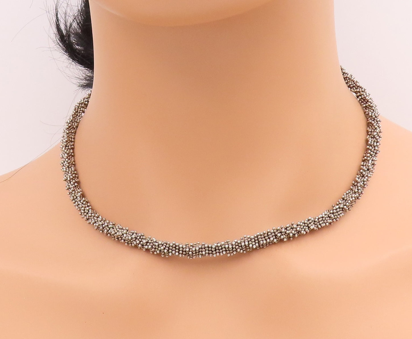 925 Sterling Silver Vintage Necklace Dark Tone Twisted Beaded Choker  NE4615