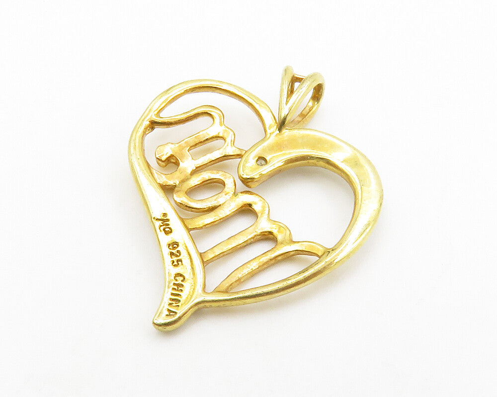 925 Sterling Silver  Genuine Diamond Gold Plated Mom Heart Pendant  PT10560