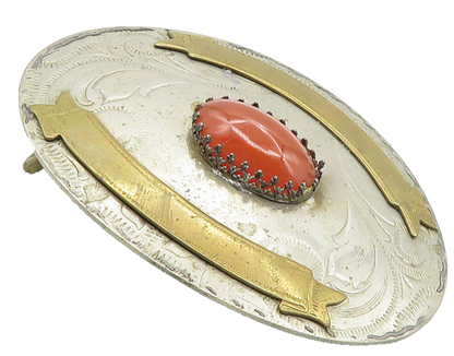 GERMANY 925 Sterling Silver  Vintage Carnelian Two Tone Belt Buckle  TR1750