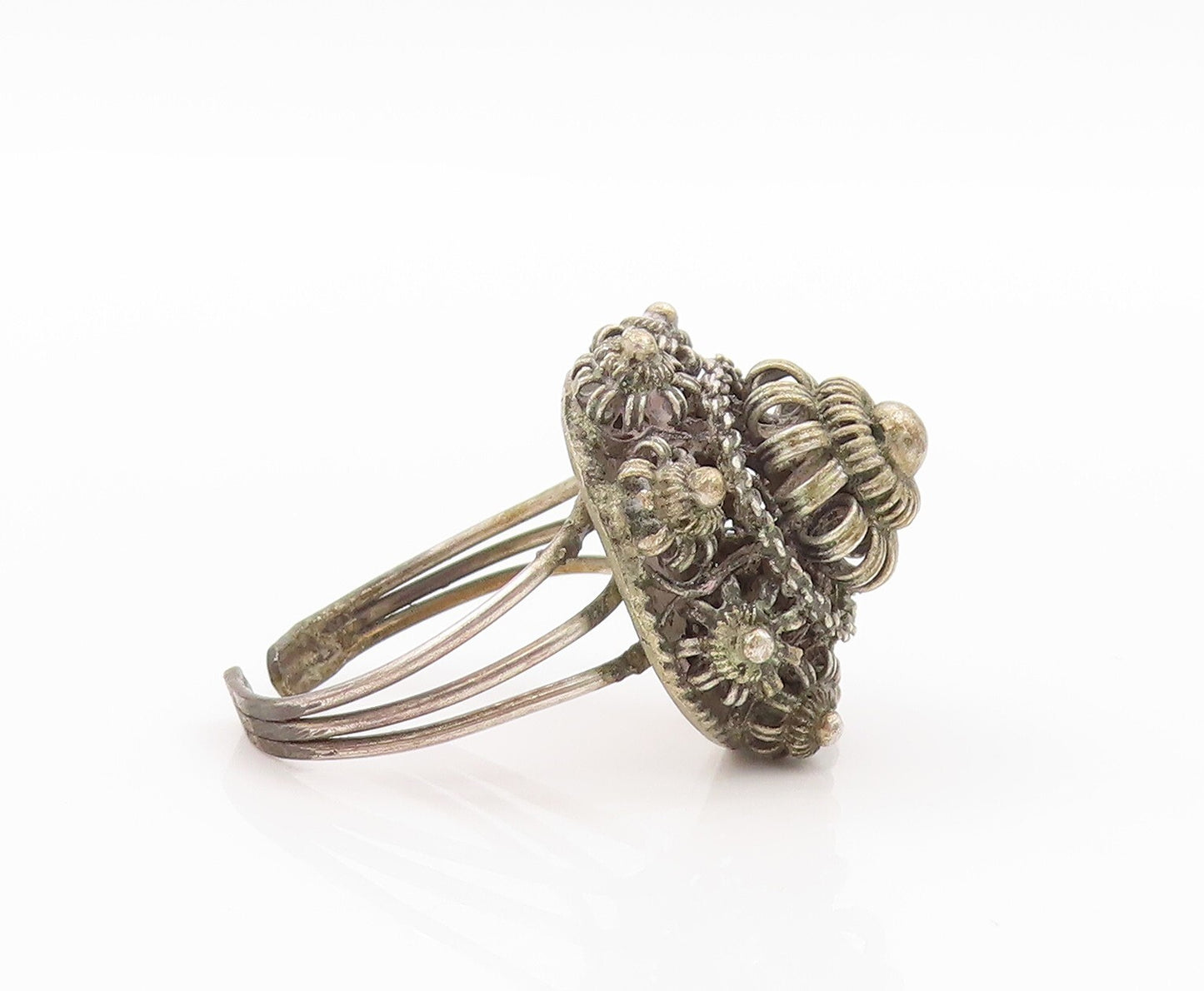 925 Sterling Silver Vintage Ring Designer Dark Tone Flower Carved Sz 8  RG31854